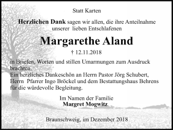 Traueranzeige von Margarethe Aland von Uelzen