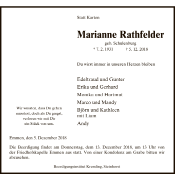 Traueranzeige von Marianne Rathfelder von Uelzen