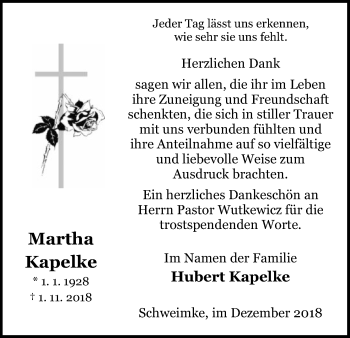 Traueranzeige von Martha Kapelke von Uelzen