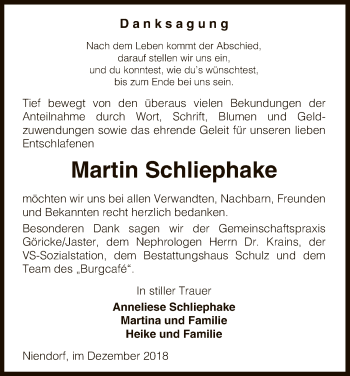 Traueranzeige von Martin Schliephake von Uelzen