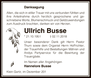 Traueranzeige von Ullrich Busse von Uelzen