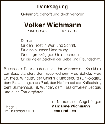 Traueranzeige von Volker Wichmann von Uelzen