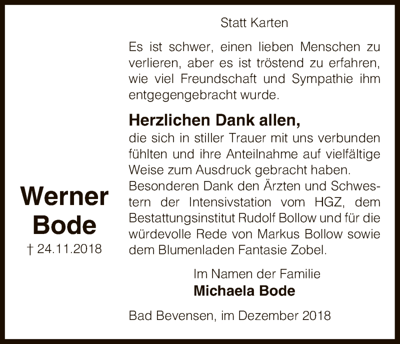  Traueranzeige für Werner Bode vom 22.12.2018 aus Uelzen