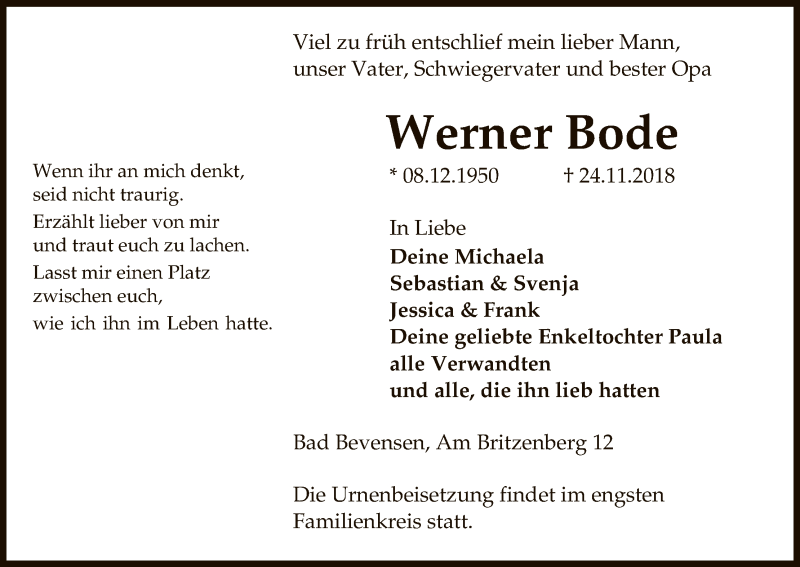  Traueranzeige für Werner Bode vom 01.12.2018 aus Uelzen