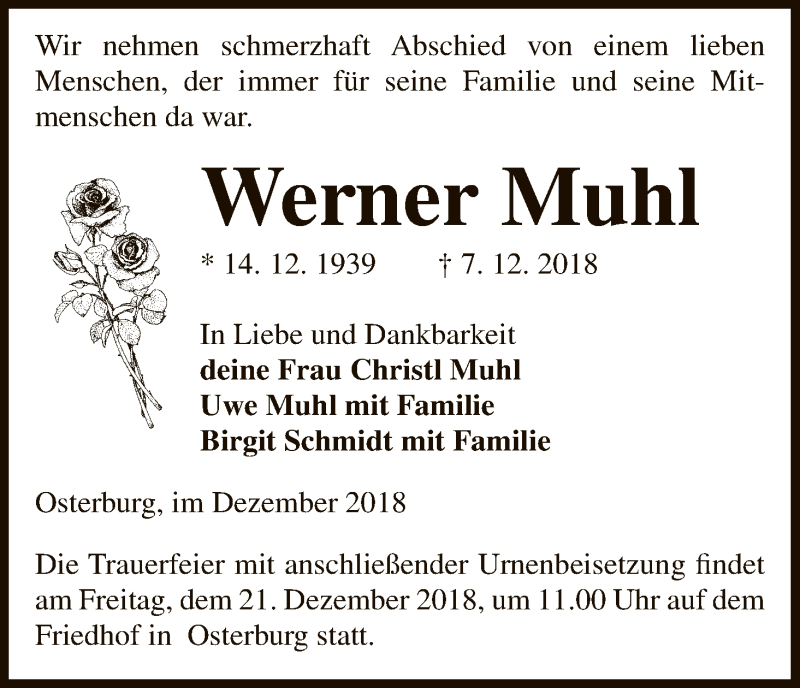  Traueranzeige für Werner Muhl vom 12.12.2018 aus Uelzen