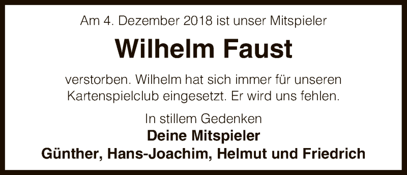  Traueranzeige für Wilhelm Faust vom 07.12.2018 aus Uelzen