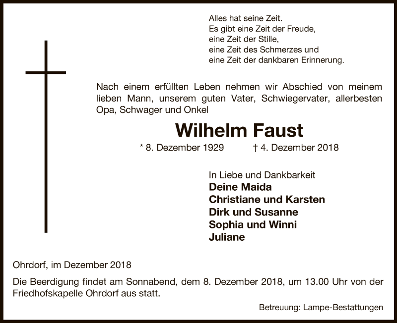  Traueranzeige für Wilhelm Faust vom 06.12.2018 aus Uelzen