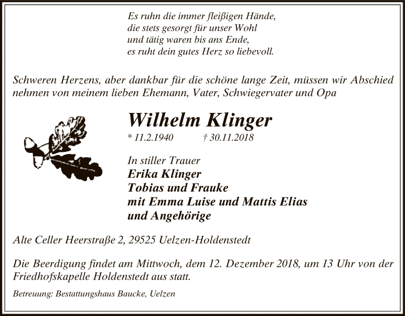  Traueranzeige für Wilhelm Klinger vom 08.12.2018 aus Uelzen