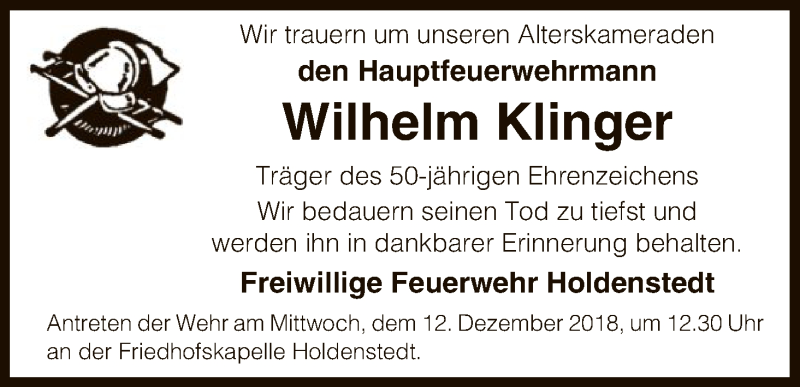  Traueranzeige für Wilhelm Klinger vom 08.12.2018 aus Uelzen