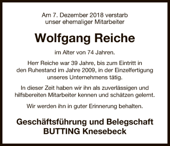 Traueranzeige von Wolfgang Reiche von Uelzen