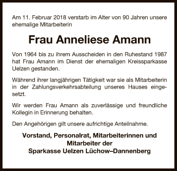 Traueranzeige von Anneliese Amann von Uelzen