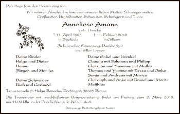 Traueranzeige von Anneliese Amann von Uelzen