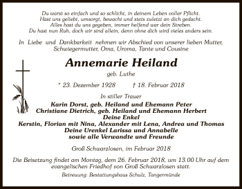 Traueranzeige von Annemarie Heiland von Uelzen