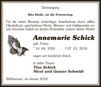 Traueranzeige von Annemarie Schick von Uelzen