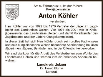 Traueranzeige von Anton Köhler von Uelzen