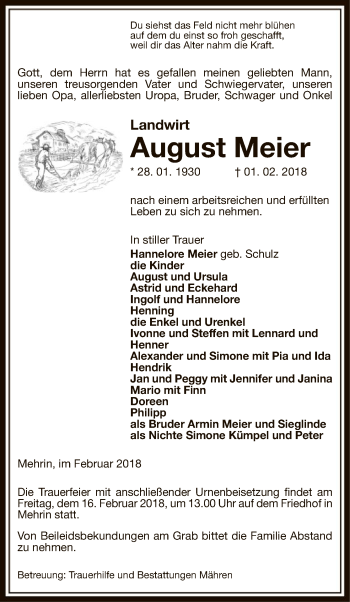 Traueranzeige von August Meier von Uelzen