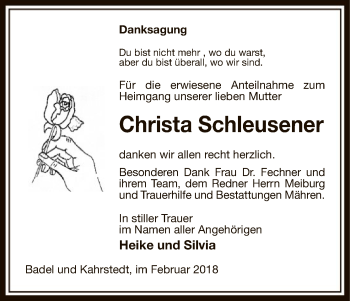 Traueranzeige von Christa Schleusener von Uelzen