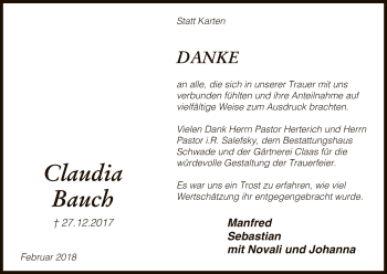 Traueranzeige von Claudia Bauch von Uelzen