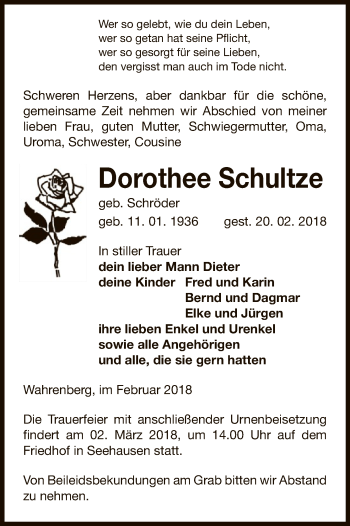 Traueranzeige von Dorothee Schultze von Uelzen