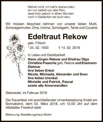 Traueranzeige von Edeltraut Rekow von Uelzen
