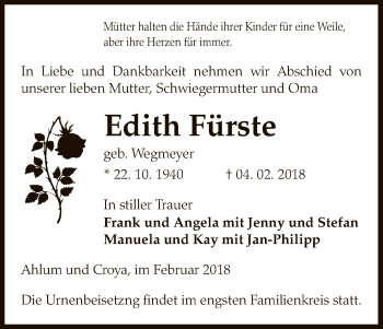 Traueranzeige von Edith Fürste von Uelzen