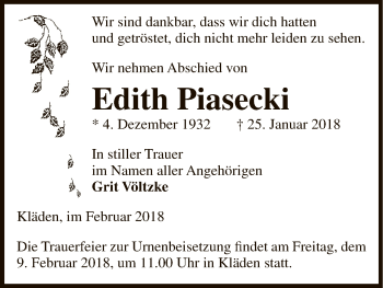 Traueranzeige von Edith Piasecki von Uelzen