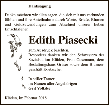 Traueranzeige von Edith Piasecki von Uelzen