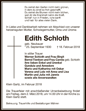 Traueranzeige von Edith Schloth von Uelzen