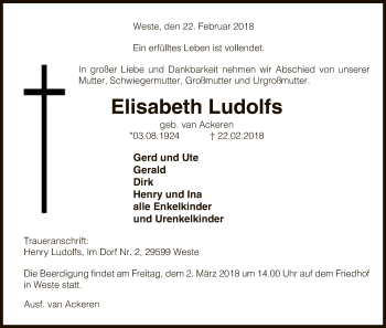 Traueranzeige von Elisabeth Ludolfs von Uelzen