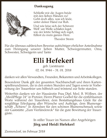 Traueranzeige von Elli Hefekerl von Uelzen