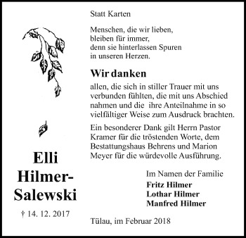 Traueranzeige von Elli Hilmer-Salewski von Uelzen