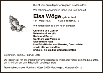 Traueranzeige von Elsa Wöge von Uelzen