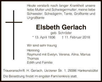 Traueranzeige von Elsbeth Gerlach von Uelzen