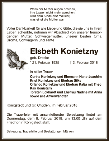 Traueranzeige von Elsbeth Konietzny von Uelzen