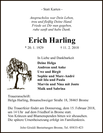 Traueranzeige von Erich Harling von Uelzen