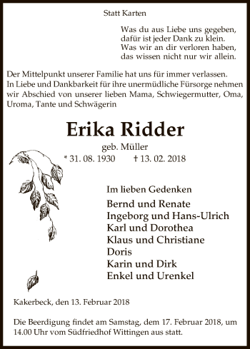 Traueranzeige von Erika Ridder von Uelzen