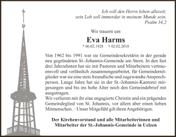 Traueranzeige von Eva Harms von Uelzen