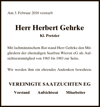 Traueranzeige von Gehrke Herbert von Uelzen