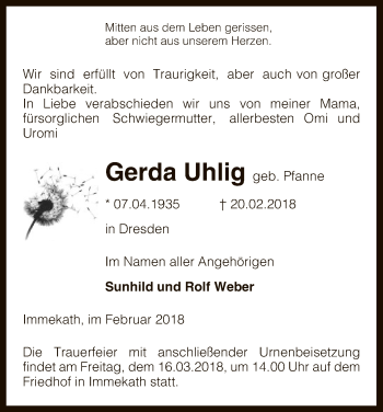 Traueranzeige von Gerda Uhlig von Uelzen