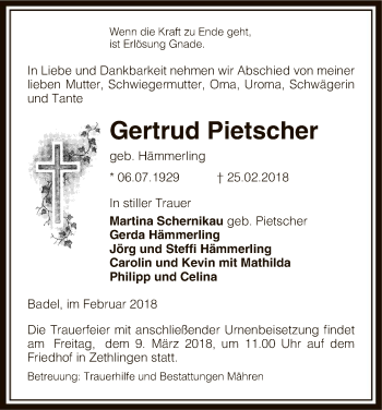 Traueranzeige von Gertrud Pietscher von Uelzen