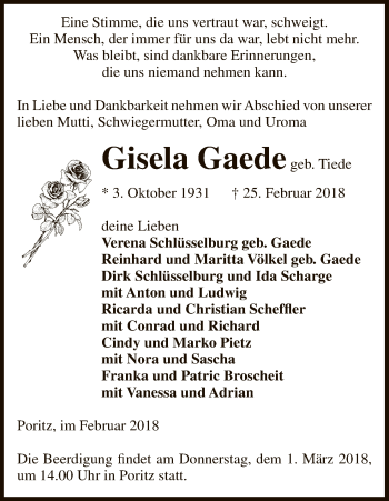 Traueranzeige von Gisela Gaede von Uelzen