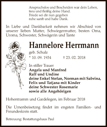 Traueranzeige von Hannelore Herrmann von Uelzen