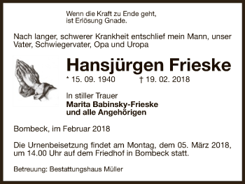 Traueranzeige von Hansjürgen Frieske von Uelzen