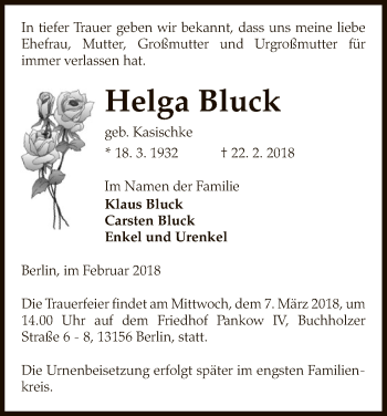 Traueranzeige von Helga Bluck von Uelzen