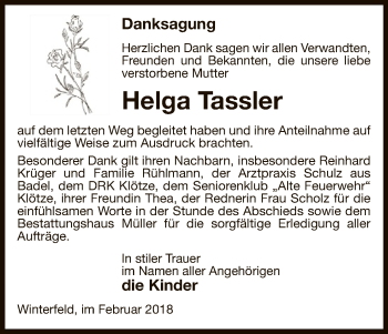 Traueranzeige von Helga Tassler von Uelzen