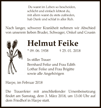 Traueranzeige von Helmut Feike von Uelzen