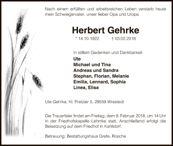 Traueranzeige von Herbert Gehrke von Uelzen