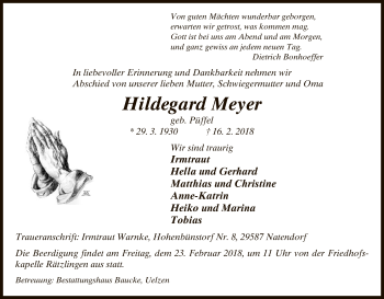 Traueranzeige von Hildegard Meyer von Uelzen