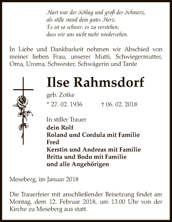 Traueranzeige von Ilse Rahmsdorf von Uelzen