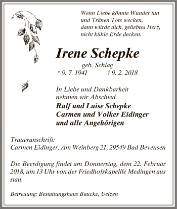 Traueranzeige von Irene Schepke von Uelzen